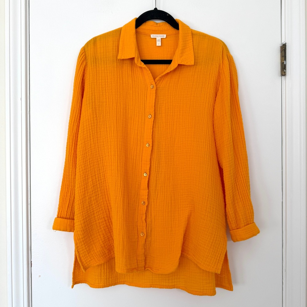 Eileen Fisher Organic Cotton Lofty Gauze Classic Collar Shirt Marigold Orange S